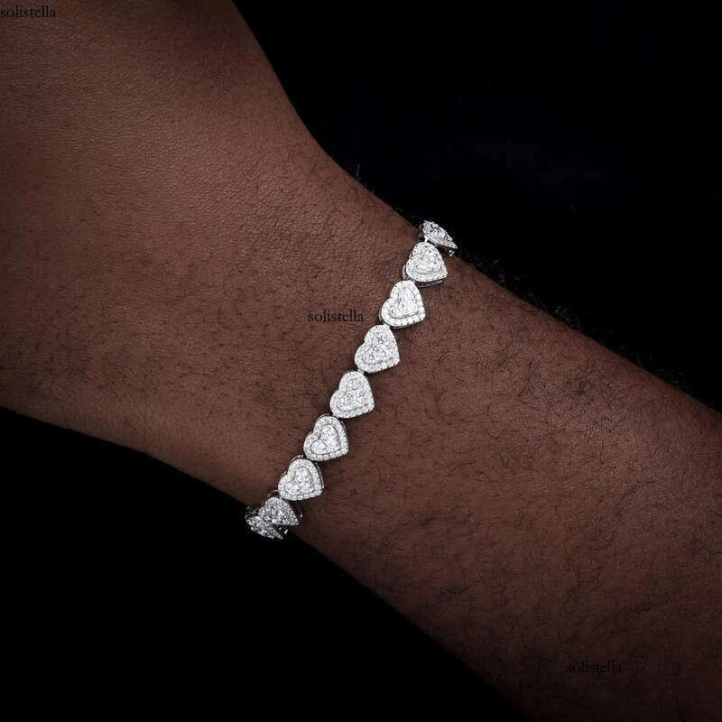 Fashion Femme Gift 8mm Sterling Sier VVS Moissanite Dia Iced Out Three Stone Heart Tennis Bracelet for Valentine Men