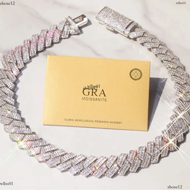 GRA Baguettes Moissanite Dia 20mm Wide Solid Sier With Cuban Link Chain for Mens Rapper Hip Hop Necklace