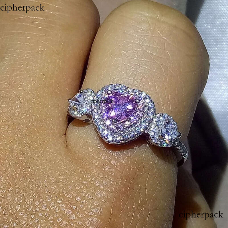 Heart Shape Promise ring 100% Real Soild Sterling sier Jewelry Pink Sapphire CZ Dia Engagement wedding band rings for women men 85