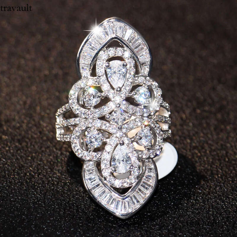 Brand New Jewelry Sterling Sier Pear Cut White Topaz CZ Dia Gemstones Princess Office Sparkling Wedding Wide Band Ring