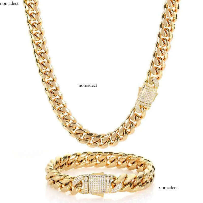 Hip Hop Miami Titanium Steel Mens Nece Bracelet Set with Zircon Spring Buckle Cuban Link Gold Chain Popular Jewelry chains 77