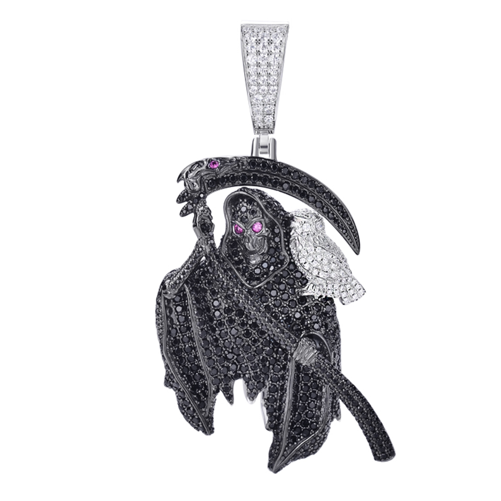 Hiphop 925 Silver Black VVS Moissanite Cz Diamonds Two Tone Plated Santa Muerte Grim Reaper Death Pendant in Mexico