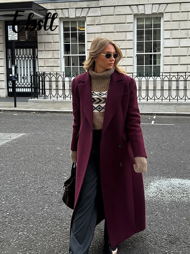 Wine Red Woolen Coats With Scarf Women Elegant Full Sleeve Double Breasted Long Overcoat 2025 Autumn Winter Lady Streetwear 251029