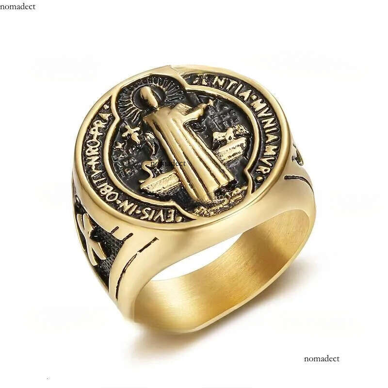 Titanium Steel Catholic Patron Saint St Benedict of Nursia Holy Medal Cross Round Finger Rings for Men Punk Jewelry 64