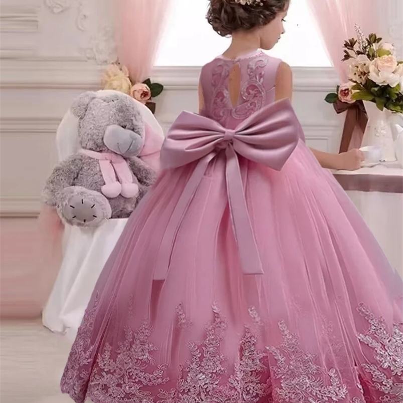 3-12 year old childrens dress embroidered bow lace wedding dress girl princess dress girl birthday party evening dress 240704