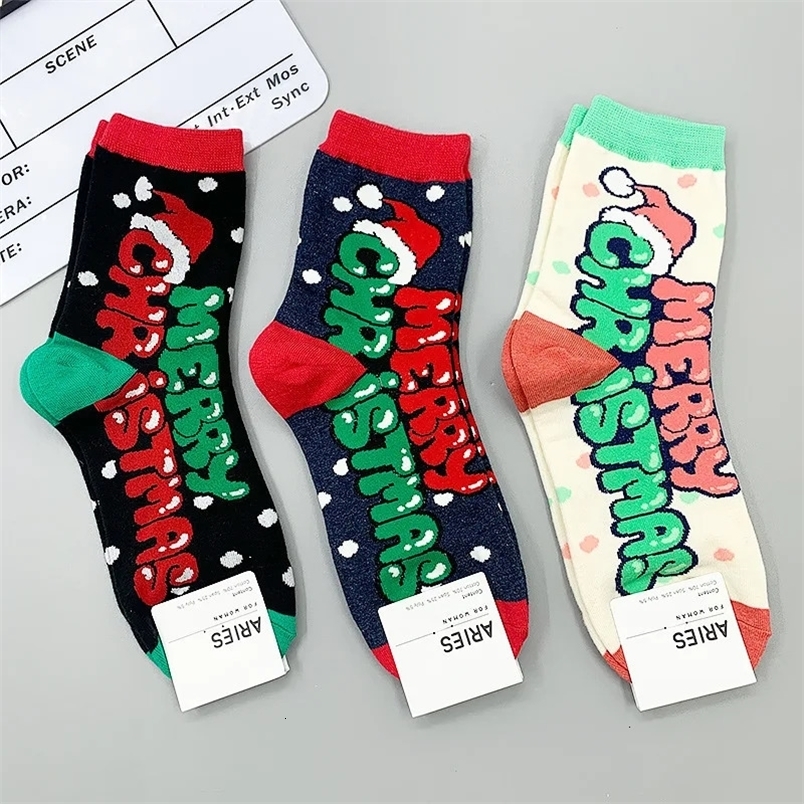 Kids Socks 3Pairs Korean Dongdaemun Autumn Winter Funny Christmas Letter Stockings Cute Korean Mid-tube Socks 231020