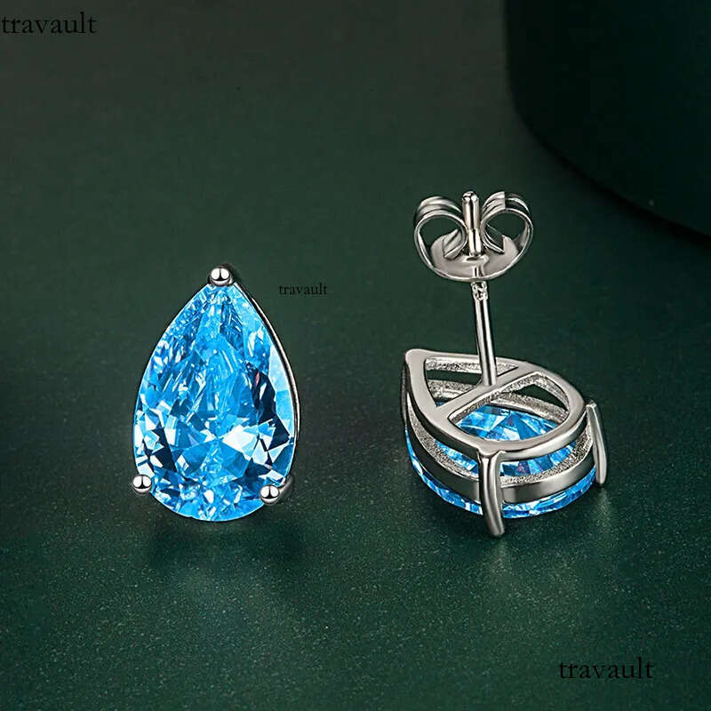 Rulalei Unique Brand Stud Earrings High Quality Jewelry Pure 100% Sterling Sier Water Drop Blue Moissanite Dia Party Women Wedding Earring Gift