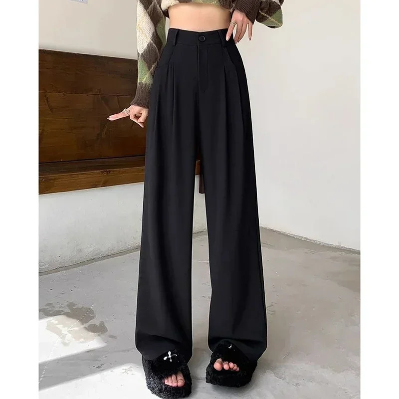 Women Fashion Suit Pants Lady Breathable Baggy High Waist Wide Leg Summer Trousers Lady Straight Leg Black Coffee Classic Pants250922