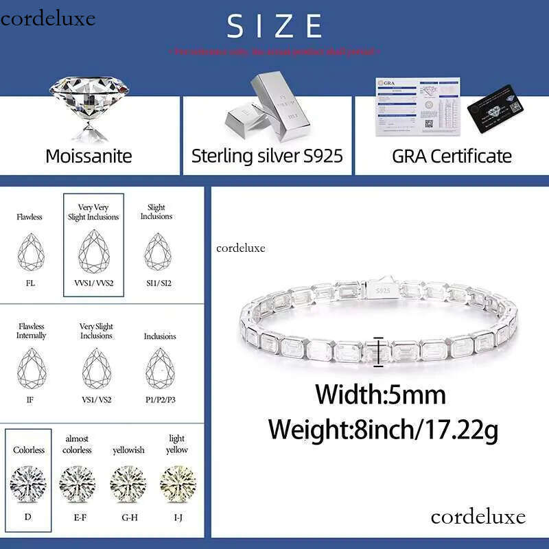 Factory Price Gift Jewelry 5mm Sterling Sier Emerald Cut VVS Moissanite Baguette Tennis Bracelet for Valentines Day 85