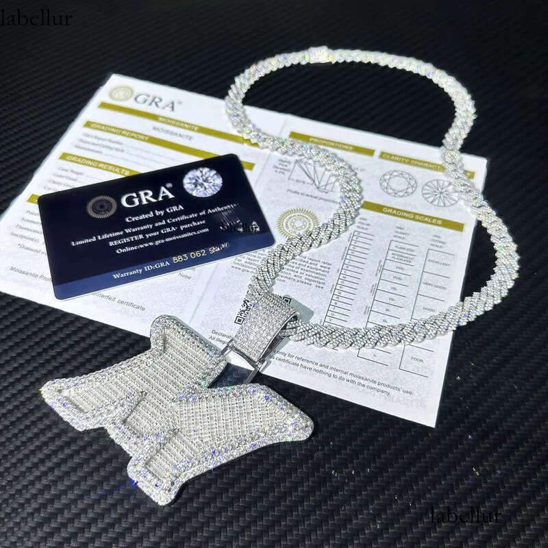 Necklace Iced Out Moissanite Dia Sier Round Mix Baguette Initial m Letter Pendant with 8mm Cuban Chain ca