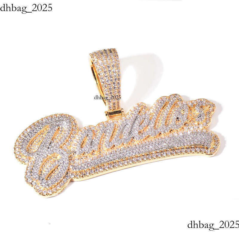 moissanite Charming Men Women DIY Custom Name Letter Necklace Gold Plated Bling CZ Cursive Letters Pendant With 3mm 24inch Rope Chain