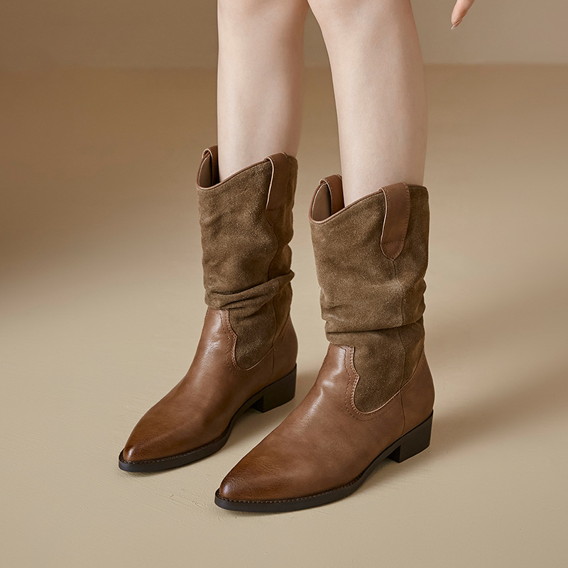 Brown Western Cowboy Boots Women's Fall/Winter 2025 New Pointed Mid-Leg Maillard Knight Stacked Thick-Heeled Booties