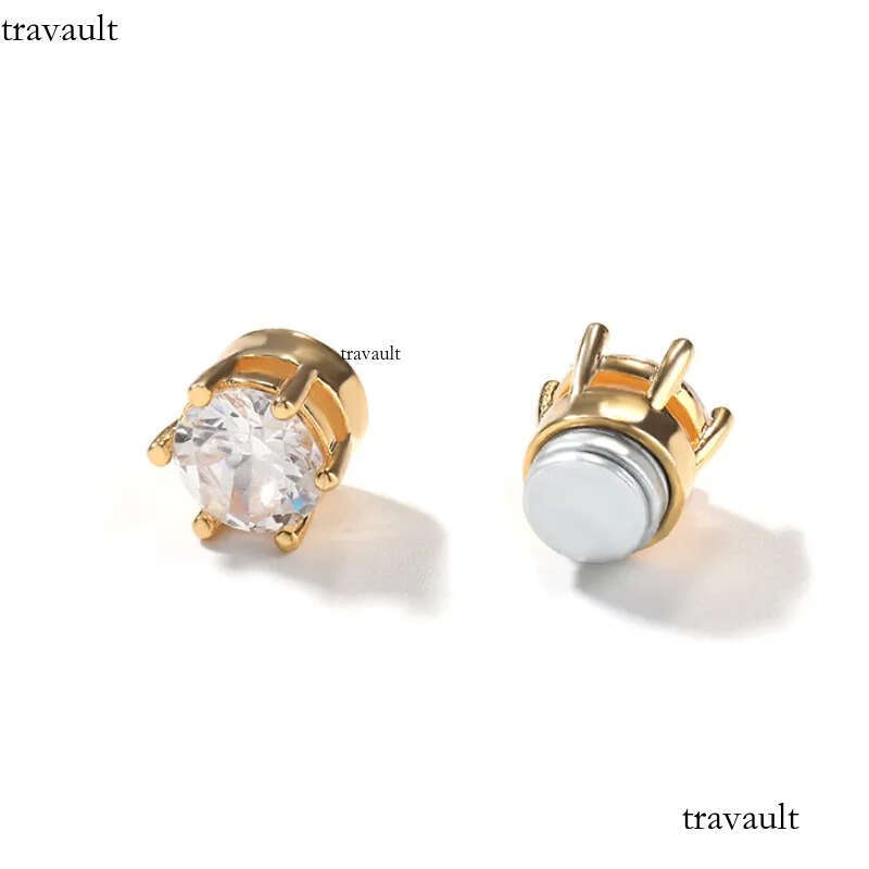 Unisex Fashion No-piecing White Yellow Gold Plated Bling CZ Magnetic Earrings Studs for Men Women Jewelry Gift