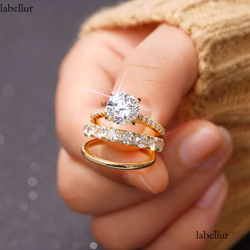 3PCS Wedding Rings Elegant Vintage Jewelry 10KT Gold Fill Round Cut White Cubic Zircon CZ Dia Gemstones Party Eternity Women Bridal Ring Set Gift c1