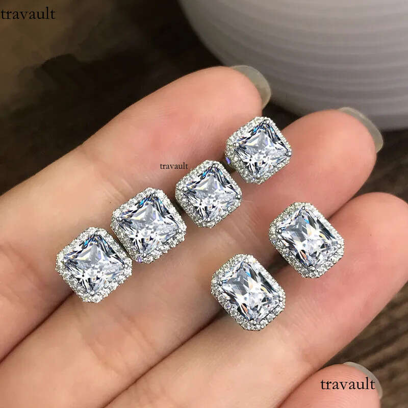 Handmade Sparkling Stud Earrings Jewelry Sterling Sier Princess Cut Emerald Zircon CZ Dia Party Elegant Women Wedding Earring Gift
