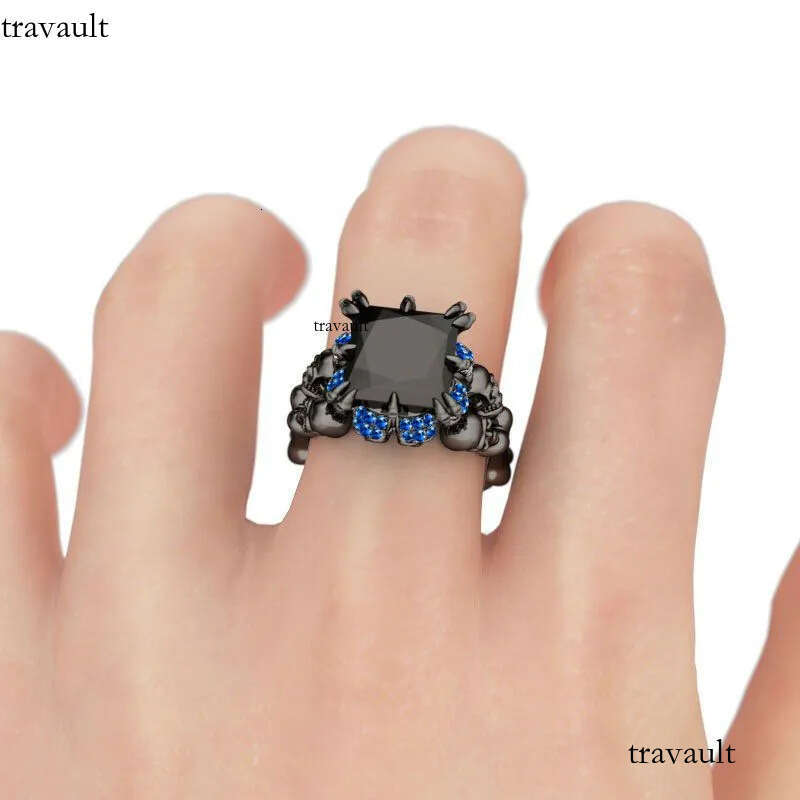 Vintage Punk Fashion Jewelry Wholesale New Brand 10KT Black Gold Filled Big Blue Sapphire Dia Women Wedding Skull Band Ring Gift Box
