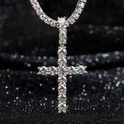 Pass Tester Sterling Sier VVS Moissanite Dia Ankh Cross Pendant 4mm Tennis Chain Necklace Jewelry Set 3e