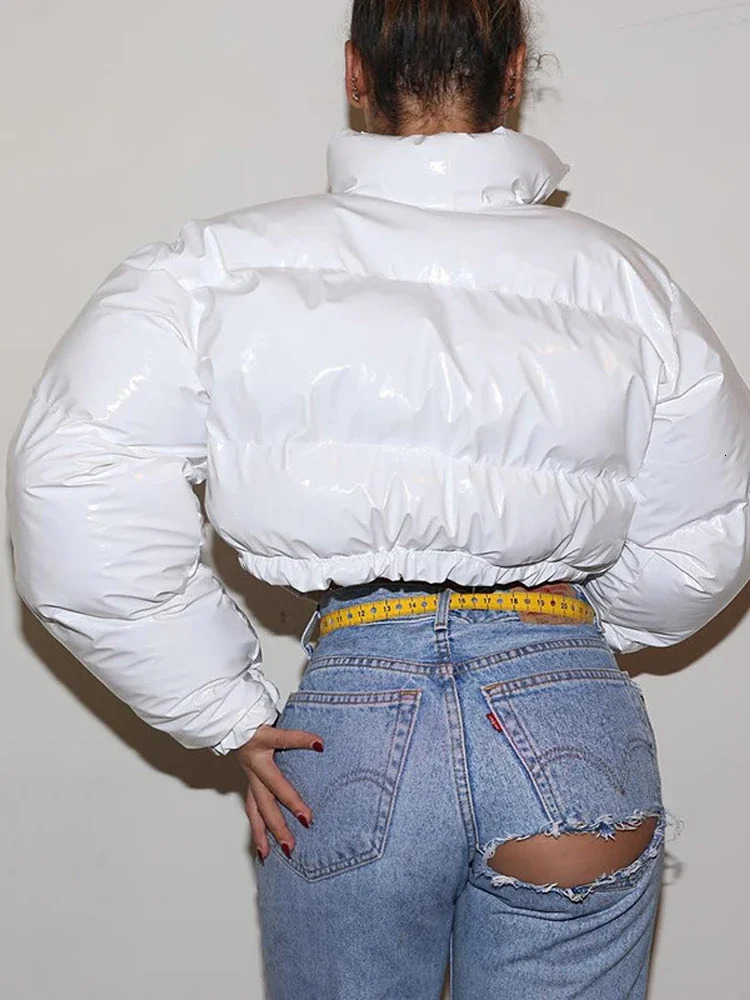 Pink PU Faux Leather Cropped Puffer Jacket 2025 Autumn Winter Fashion Long Sleeve Thick Warm Casual Bubble Coats Female 250922