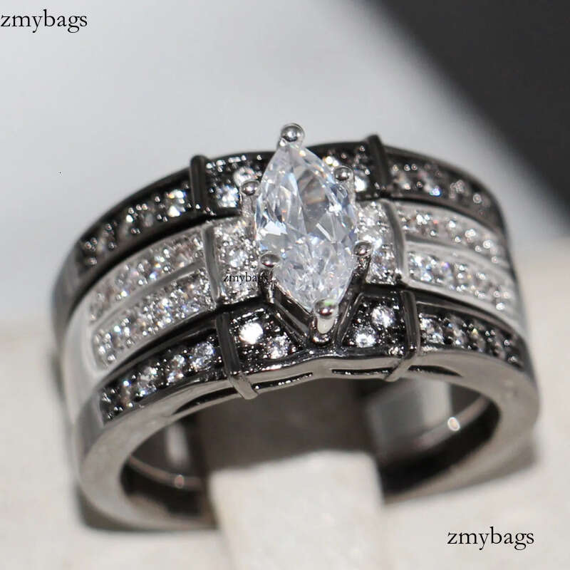 Vintage Fashion Jewelry High Quality 14KT White&Black Gold Filled Marquise CZ Dia Topaz Gemstones 3 IN 1 Wedding Couple Ring Set Gift