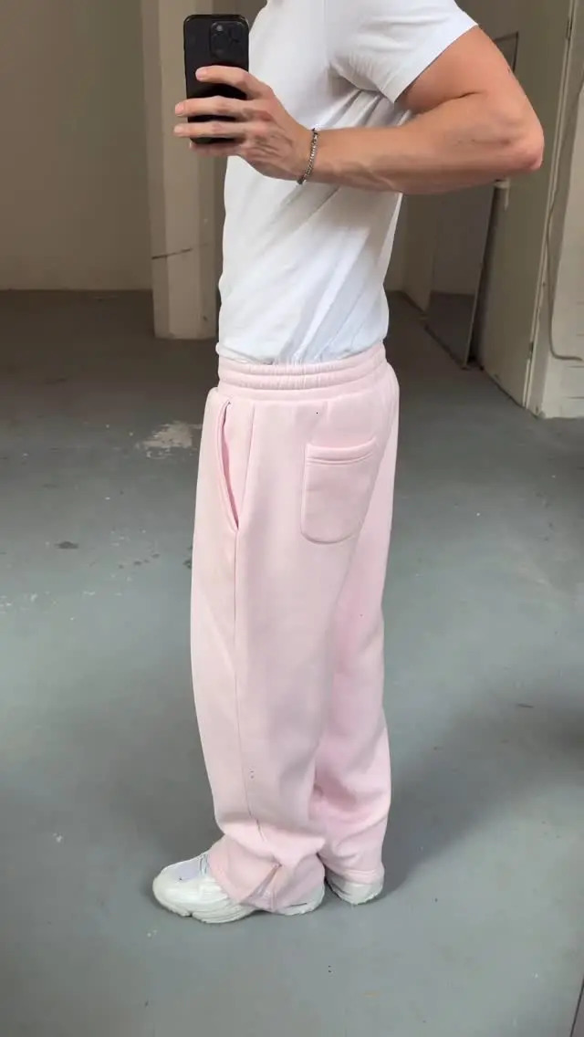 Y2K Pink Casual Jogger Sweatpants Money Pocket Embroidery Drawstring Trousers Open Leg Wide Leg Pants Couple Straight Pants 250929