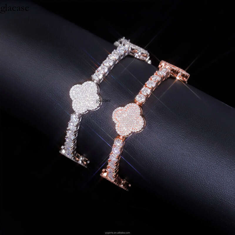 Yu Ying Clover Chain S Sier Gold Plated VVS1 Moissanite Tennis Bracelet Mens Women b7