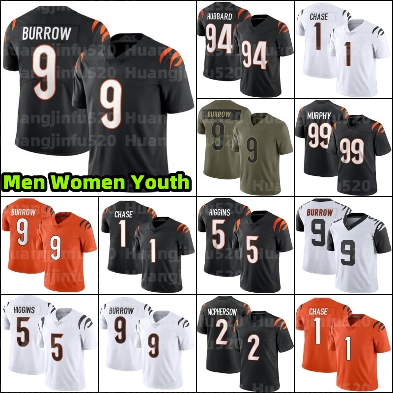 9 Joe Burrow Football Jerseys Ja'Marr Chase Tee Higgins Evan McPherson Sam Hubbard Logan Wilson Zack Moss Amarius Mims Shemar Stewart Andrei Iosivas Myles Murphy