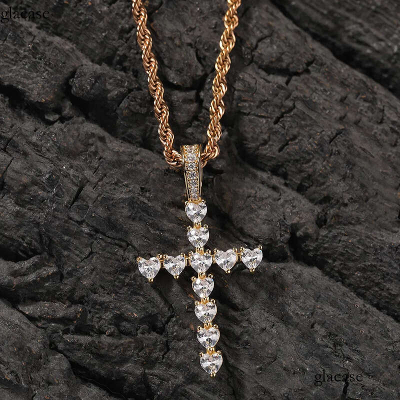 Hip Hop Fashion Charm Heart Shape Zircon Cross Pendant Necklace Crystal Real Gold Plated Women Men Religion Jewelry d6