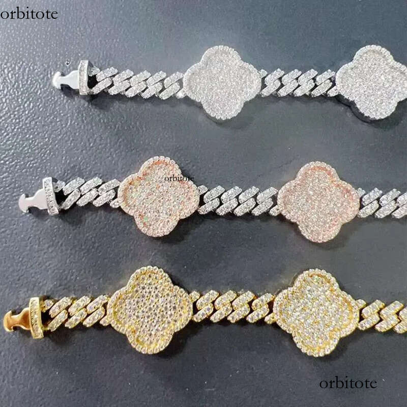Goldleaf New Product SIER Moissanite Trendy Hip Hop Style Iced Out Lucky Flower Cuban Link Chain Bracelet 16