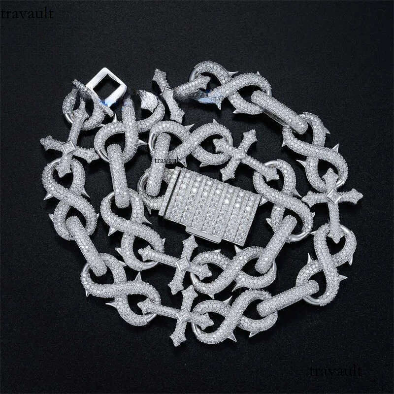 Hiphop16mm Sier Inlaid Mosan Full Cuban Chain Men's Dense Dia 8-line Hip Hop Necklace Bracelet