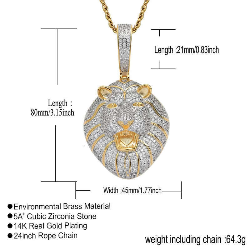 Hip Hop Large Lion Head Pendant Necklace TopBling 5A Zircon Real Gold Plated Mens Jewelry