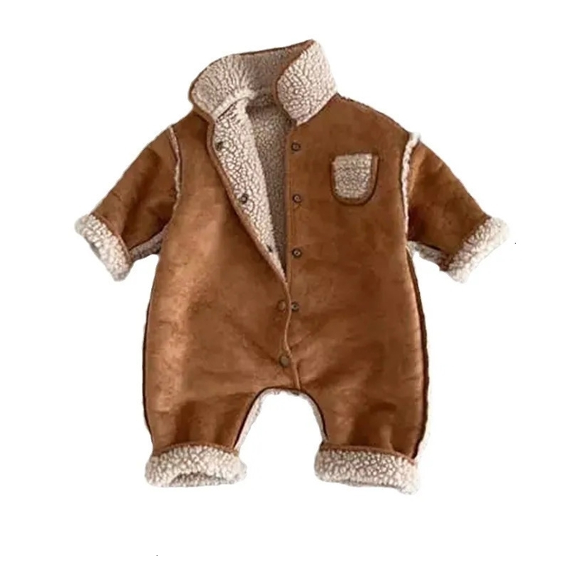 Rompers Baby Winter Romper Brown Plush Clothes Kids Jumpsuit for Boys Girls Korean Toddler Infant Outfit 0-24M 230927