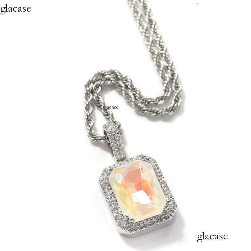 Mens Hip Hop Necklace Jewelry Fashion Fluorescent Square Gem Pendant Red Pink Gemstone Necklaces With 3mm*24inch Twist Chain d8
