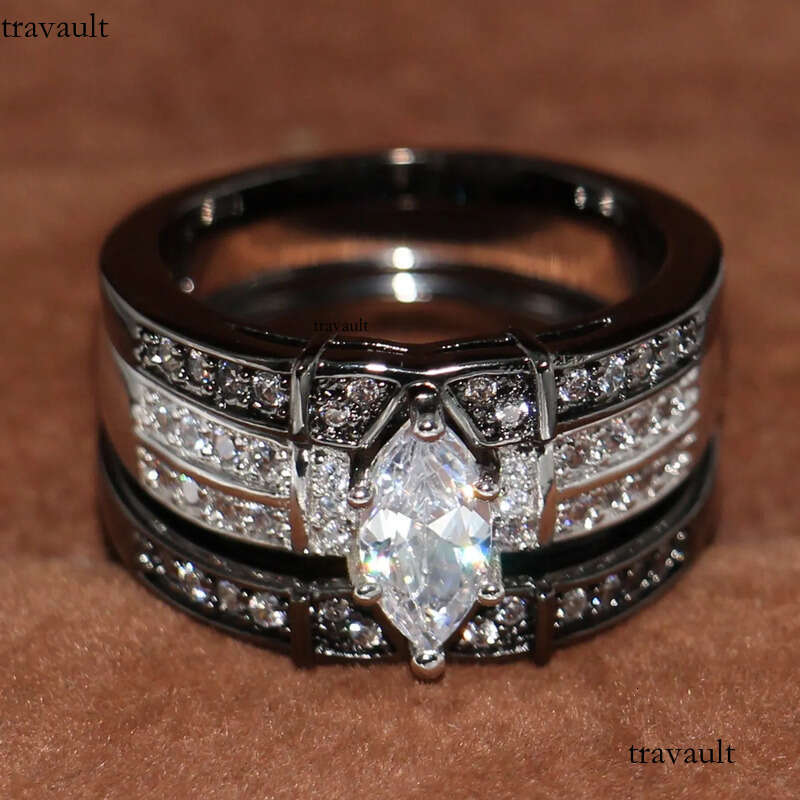 Vintage Fashion Jewelry High Quality 14KT White&Black Gold Filled Marquise CZ Dia Topaz Gemstones 3 IN 1 Wedding Couple Ring Set Gift