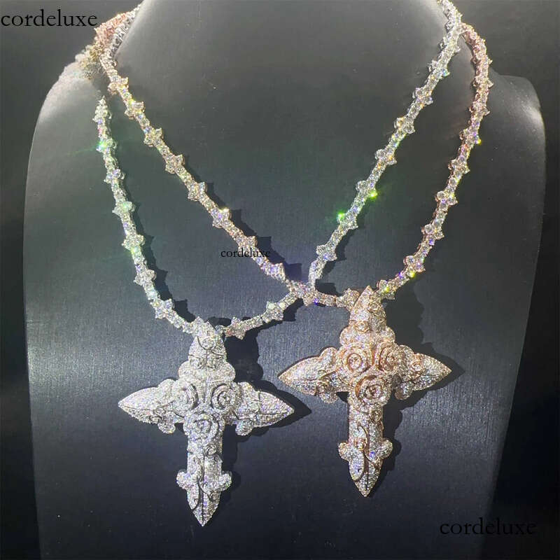 In Stock Fashion Man Jewelry Gold Color Hip Hop S VVS1 Moissanite Dia Rose Flower Cross Pendant Necklace Set f4
