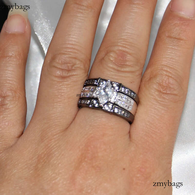 Vintage Fashion Jewelry High Quality 14KT White&Black Gold Filled Marquise CZ Dia Topaz Gemstones 3 IN 1 Wedding Couple Ring Set Gift