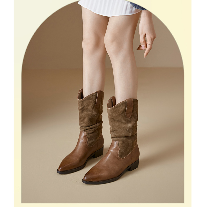 Brown Western Cowboy Boots Women's Fall/Winter 2025 New Pointed Mid-Leg Maillard Knight Stacked Thick-Heeled Booties