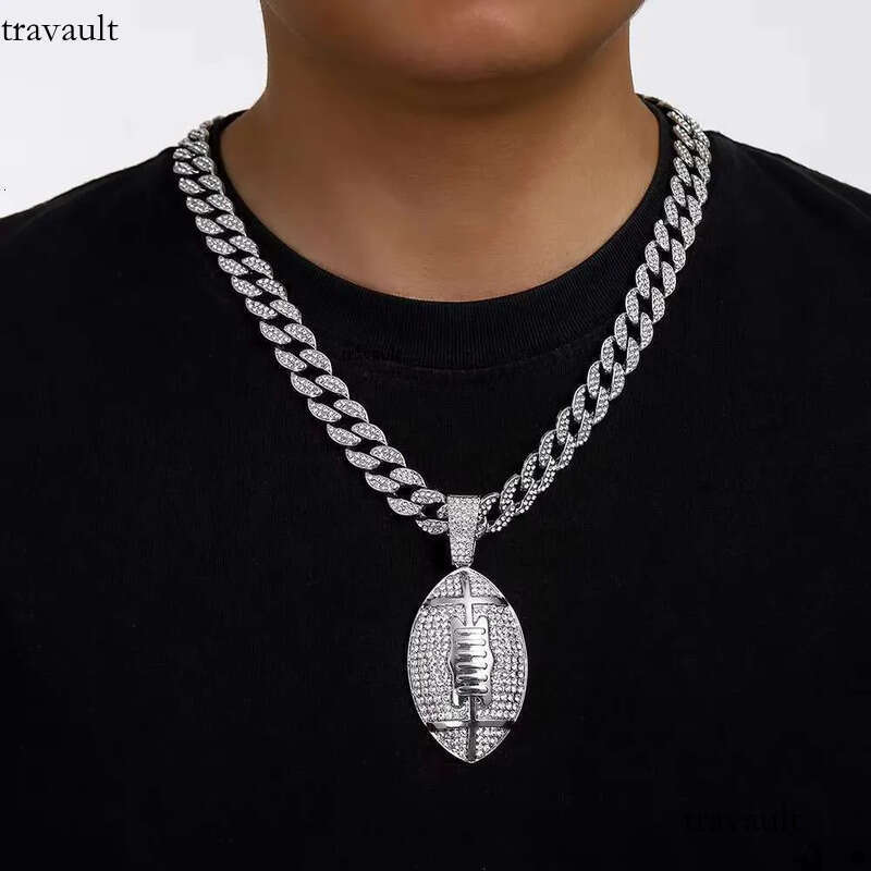 DHcollections Men's Hip Hop 15mm Miami Chain With Alloy And Rhie Dias Rugby Pendant Necklace