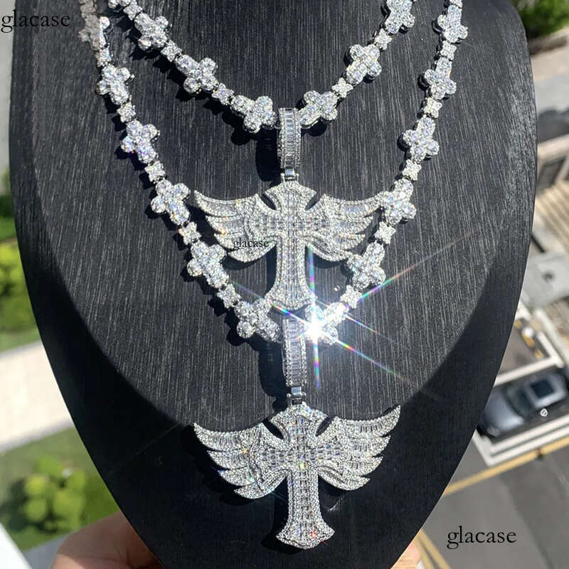 Hip Hop Wing Cross Pendant Necklace with Chain 5A Zircon White Gold Plated Religious Men Jewelry 4b