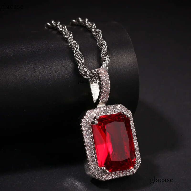 Mens Hip Hop Necklace Jewelry Fashion Fluorescent Square Gem Pendant Red Pink Gemstone Necklaces With 3mm*24inch Twist Chain d8