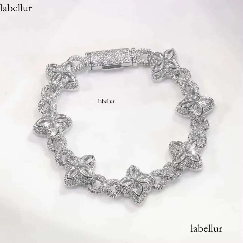 New Style 8mm Hip-Hop Jewelry Colorful Four Leaf Clover Sier Plated Brass 5A Moissanite Cuban Chain Bracelet for Women f0