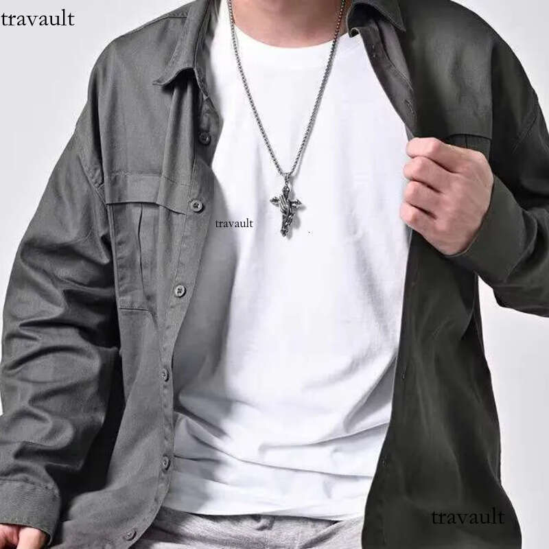 DHCollections Stainless Steel Cross Necklace with Praying Hands Pendant Chain Retro Style for Men