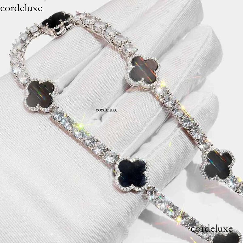 VVS Tennis Chain with Black Agate Clover Leafs Iced Out Moissanite Necklace Officiant Anniversary Gift c9