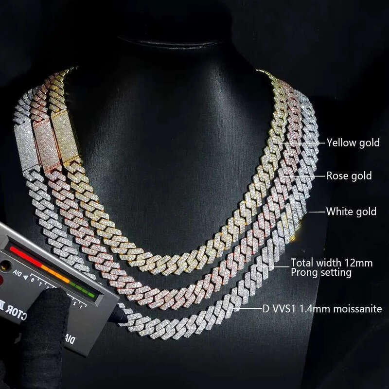 2025 Unisex Hip Hop Chain Necklace Real Pure Sier Rhodium 8mm 10mm 12mm Moissanite Dia Rose Gold Cuban Link