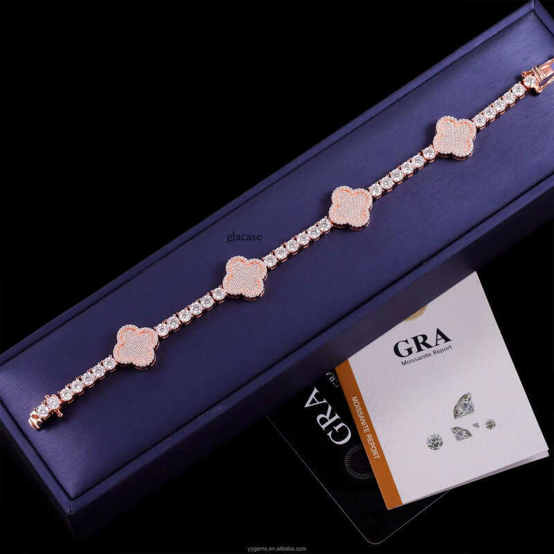 Yu Ying Clover Chain S Sier Gold Plated VVS1 Moissanite Tennis Bracelet Mens Women b7