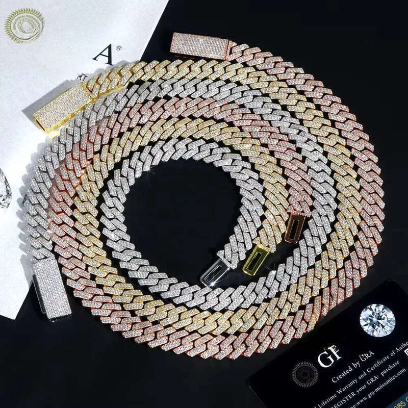 2025 Unisex Hip Hop Chain Necklace Real Pure Sier Rhodium 8mm 10mm 12mm Moissanite Dia Rose Gold Cuban Link