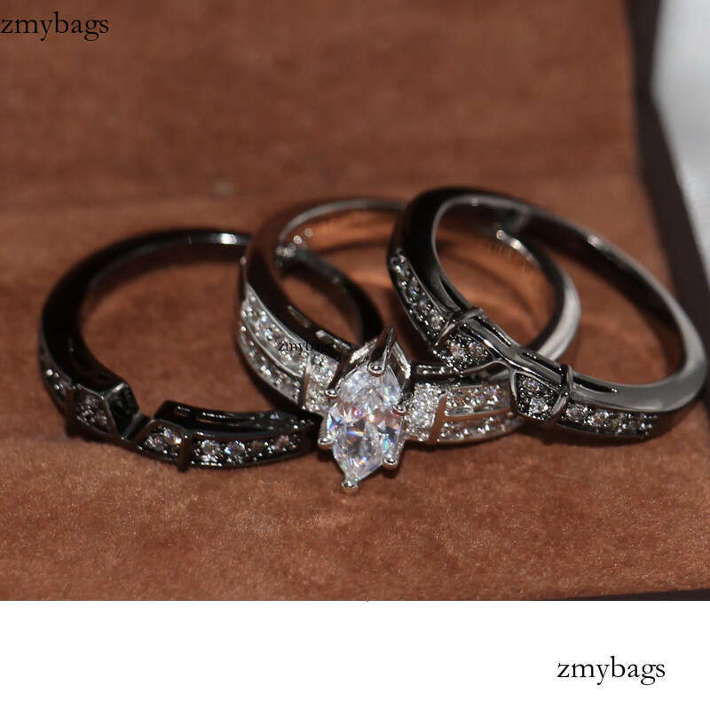 Vintage Fashion Jewelry High Quality 14KT White&Black Gold Filled Marquise CZ Dia Topaz Gemstones 3 IN 1 Wedding Couple Ring Set Gift