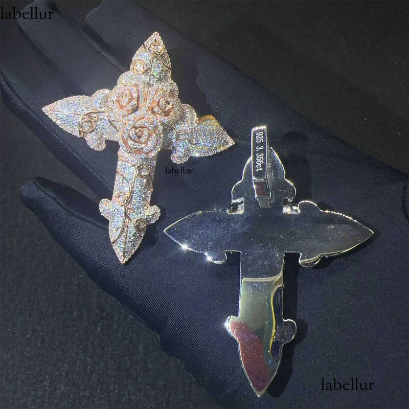 In Stock Fashion Man Jewelry Gold Color Hip Hop S VVS1 Moissanite Dia Rose Flower Cross Pendant Necklace Set 57