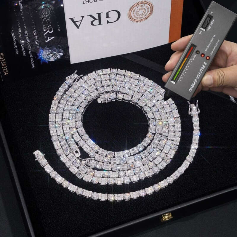 Trendy Sterling Sier Chain Jewelry GRA Certificated Emerald Cut Moissanite Tennis Necklace Men Women