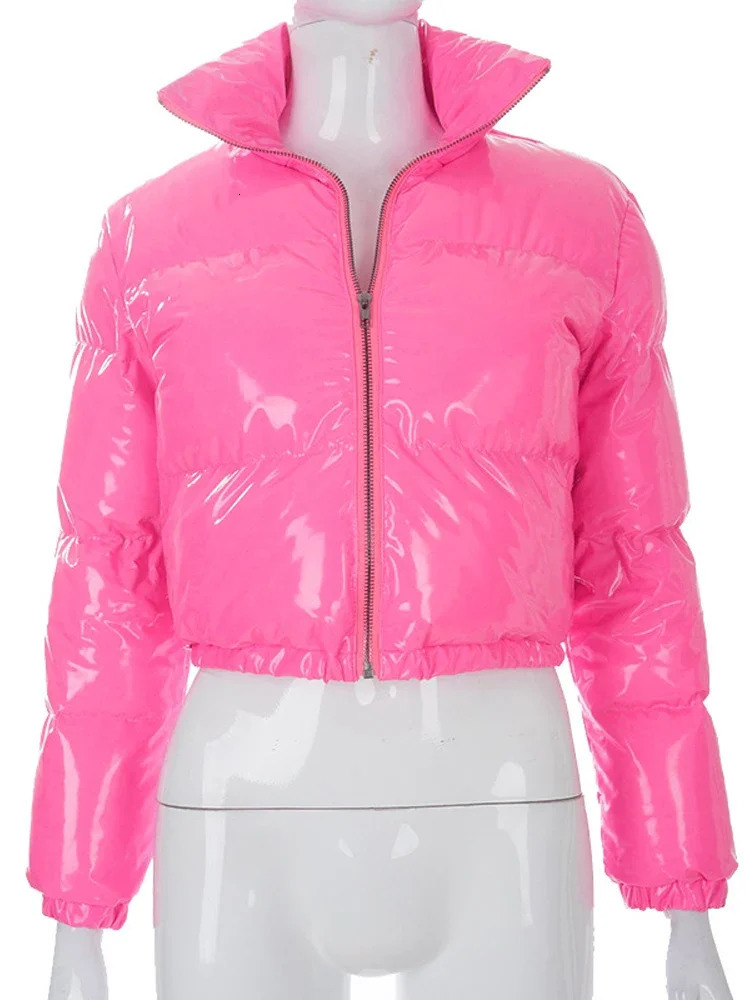 Pink PU Faux Leather Cropped Puffer Jacket 2025 Autumn Winter Fashion Long Sleeve Thick Warm Casual Bubble Coats Female 250922