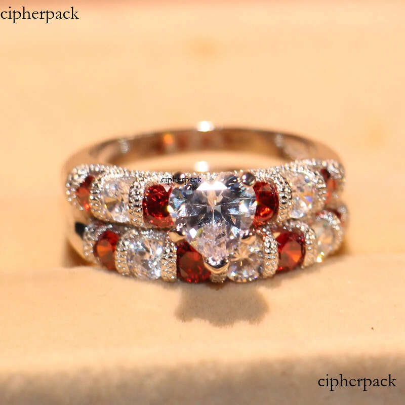 Drop Shipping High Quality Vintage Fashion Jewelry Sterling Sier Pear Cut Topaz&Ruby CZ Gemstones Women Wedding Bridal Heart Ring Set 37
